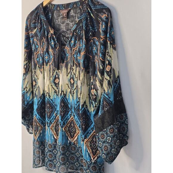 Multiples Women's Multicolor Italian Tile Print Split Neck Long Sleeve Top Large - Picture 2 of 6